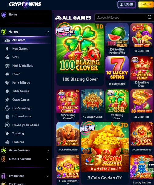 CryptoWins Casino screenshot casino lobby with slot games, live dealer tables, payment options, and user interface elements