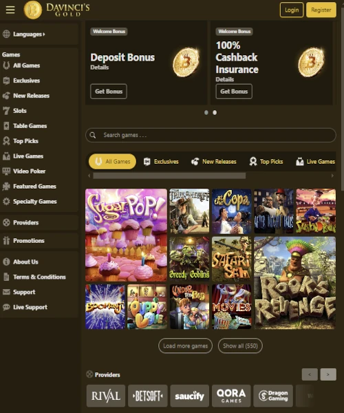 Da Vincis Gold Casino screenshot casino lobby with slot games, live dealer tables, payment options, and user interface elements