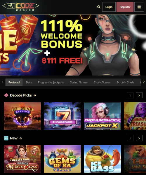 Decode Casino screenshot casino lobby with slot games, live dealer tables, payment options, and user interface elements