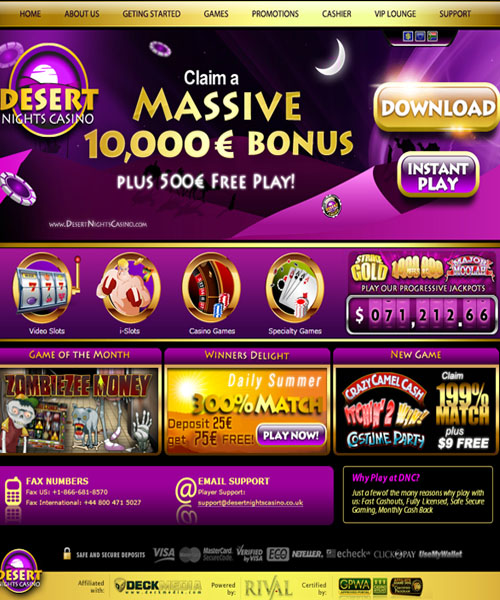 Desert Nights Rival screenshot casino lobby with slot games, live dealer tables, payment options, and user interface elements