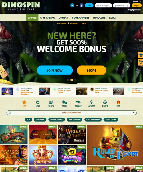 DinoSpin Casino screenshot casino lobby with slot games, live dealer tables, payment options, and user interface elements