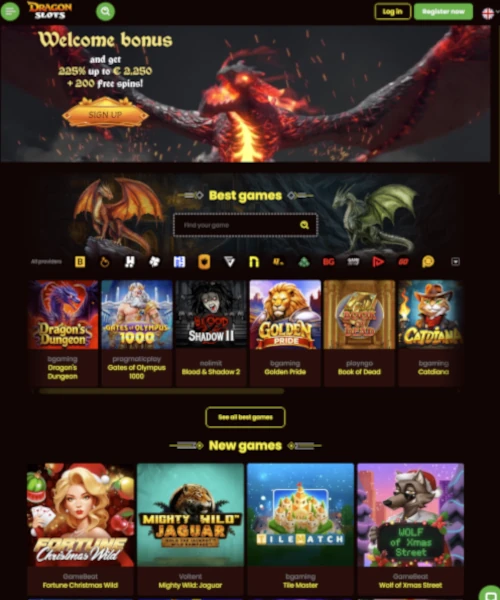 Dragon Slots screenshot casino lobby with slot games, live dealer tables, payment options, and user interface elements