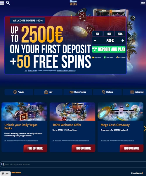 Dream Vegas Casino screenshot casino lobby with slot games, live dealer tables, payment options, and user interface elements