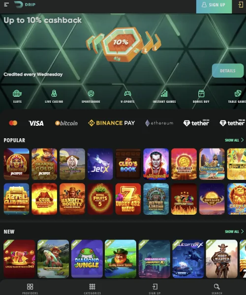 Drip Casino screenshot casino lobby with slot games, live dealer tables, payment options, and user interface elements