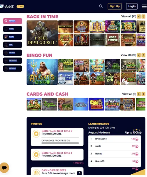 Dublz Casino screenshot casino lobby with slot games, live dealer tables, payment options, and user interface elements