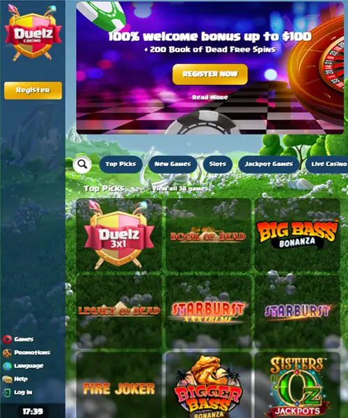 Duelz Casino screenshot casino lobby with slot games, live dealer tables, payment options, and user interface elements