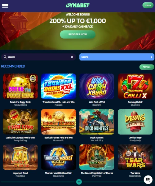 Dynabet Casino screenshot casino lobby with slot games, live dealer tables, payment options, and user interface elements