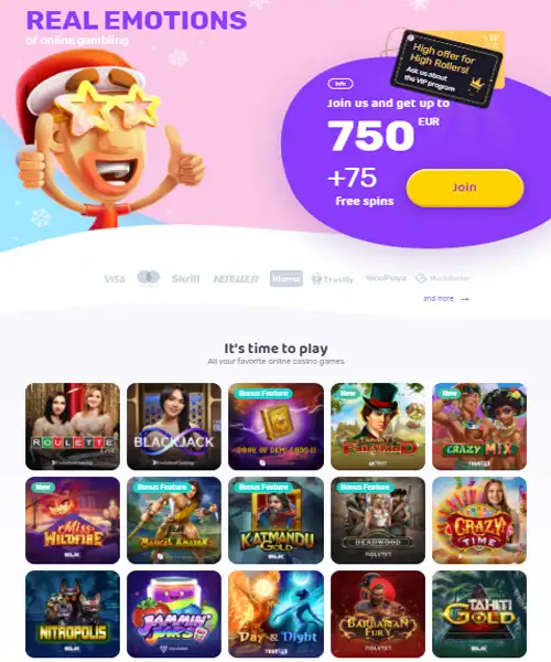 Emojino Casino screenshot casino lobby with slot games, live dealer tables, payment options, and user interface elements