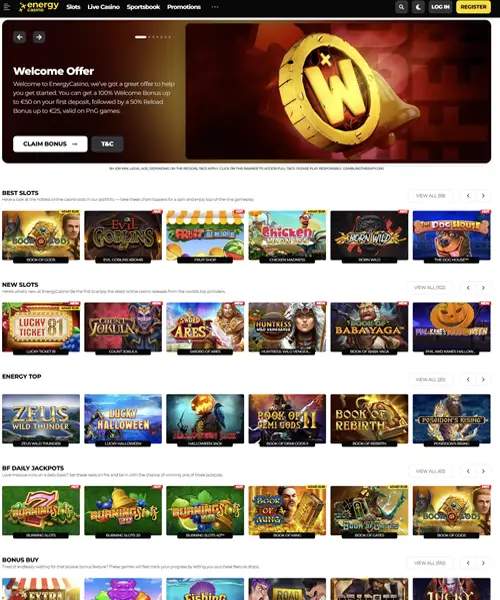 Energy Casino screenshot casino lobby with slot games, live dealer tables, payment options, and user interface elements