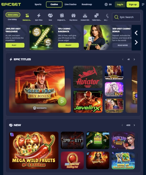 Epicbet Casino screenshot casino lobby with slot games, live dealer tables, payment options, and user interface elements