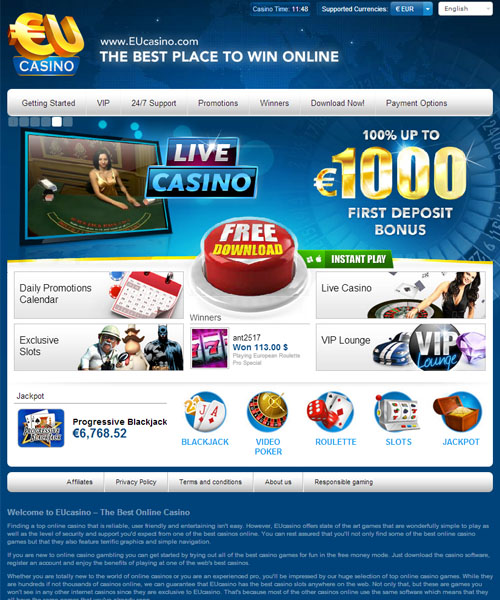 EUcasino screenshot casino lobby with slot games, live dealer tables, payment options, and user interface elements