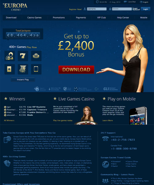 Europa Casino screenshot casino lobby with slot games, live dealer tables, payment options, and user interface elements