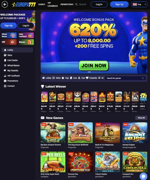 Europa777 Casino screenshot casino lobby with slot games, live dealer tables, payment options, and user interface elements
