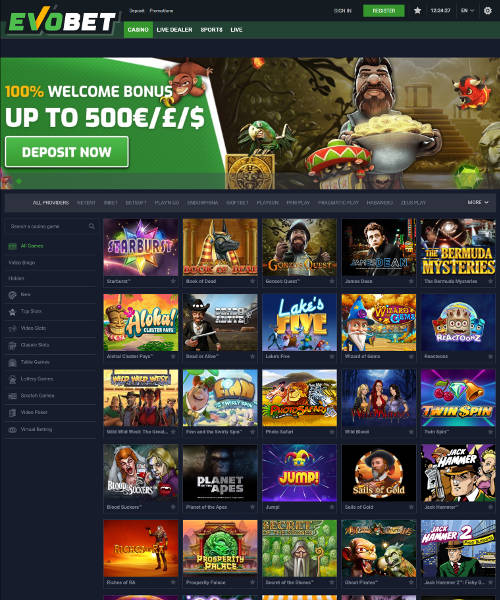 Evobet screenshot casino lobby with slot games, live dealer tables, payment options, and user interface elements
