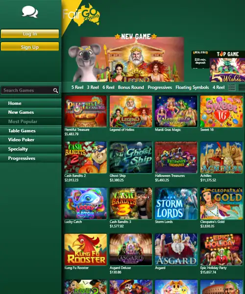 Fair Go Casino screenshot casino lobby with slot games, live dealer tables, payment options, and user interface elements
