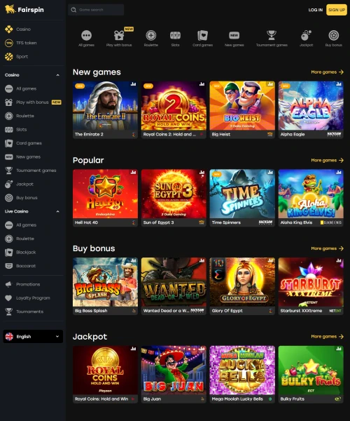 Fairspin Casino screenshot casino lobby with slot games, live dealer tables, payment options, and user interface elements