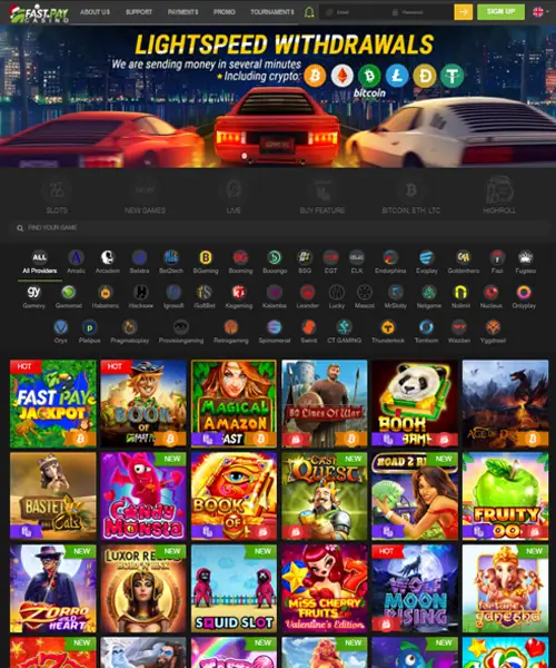 Fastpay Casino screenshot casino lobby with slot games, live dealer tables, payment options, and user interface elements