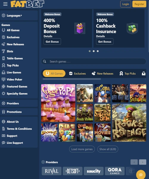 FatBet Casino screenshot casino lobby with slot games, live dealer tables, payment options, and user interface elements