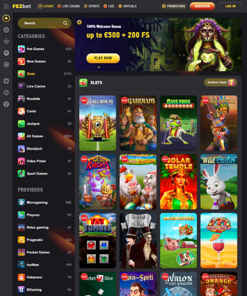 FEZbet screenshot casino lobby with slot games, live dealer tables, payment options, and user interface elements