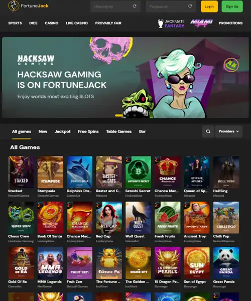 FortuneJack Casino screenshot casino lobby with slot games, live dealer tables, payment options, and user interface elements