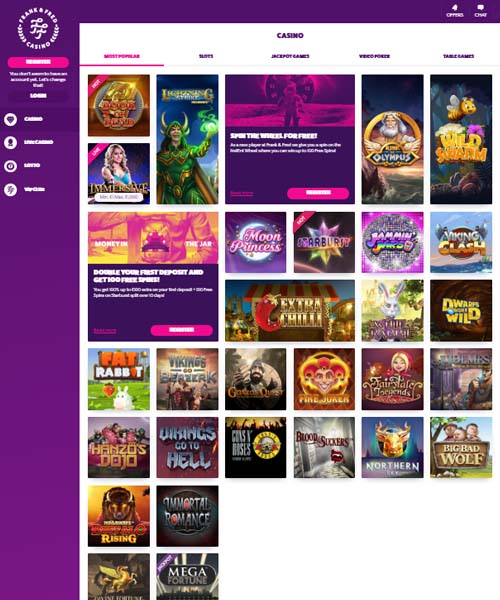 Frank and Fred Casino screenshot casino lobby with slot games, live dealer tables, payment options, and user interface elements