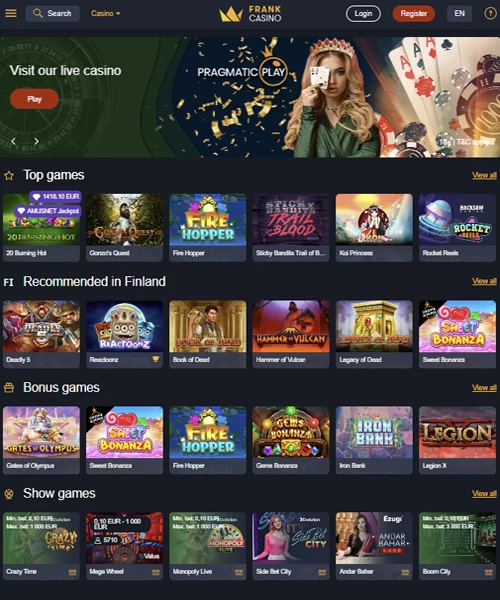 Frank Casino screenshot casino lobby with slot games, live dealer tables, payment options, and user interface elements