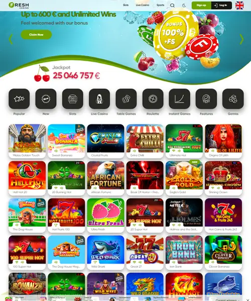FRESH Casino screenshot casino lobby with slot games, live dealer tables, payment options, and user interface elements