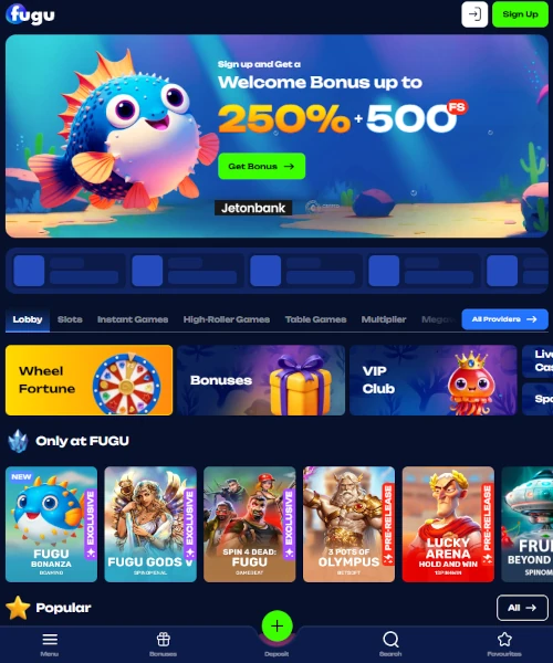 Fugu Casino screenshot casino lobby with slot games, live dealer tables, payment options, and user interface elements