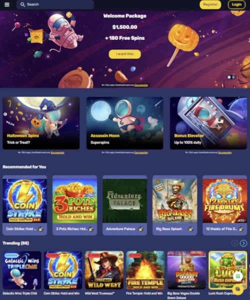 Galactic Wins Casino screenshot casino lobby with slot games, live dealer tables, payment options, and user interface elements
