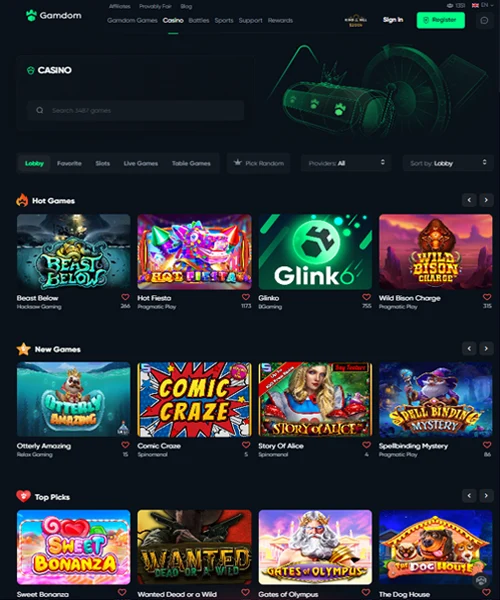 Gamdom Casino screenshot casino lobby with slot games, live dealer tables, payment options, and user interface elements