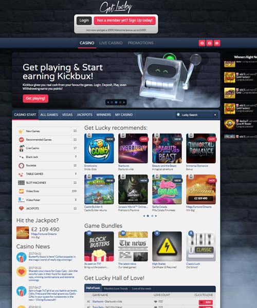 Get Lucky Casino screenshot casino lobby with slot games, live dealer tables, payment options, and user interface elements