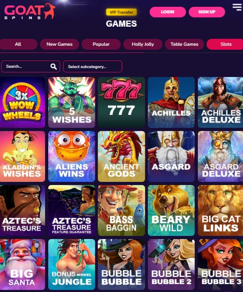 Goat Spins Casino screenshot casino lobby with slot games, live dealer tables, payment options, and user interface elements