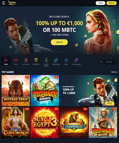 Golden Star Casino screenshot casino lobby with slot games, live dealer tables, payment options, and user interface elements