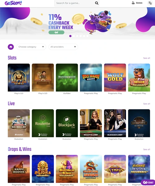 GoSlot Casino screenshot casino lobby with slot games, live dealer tables, payment options, and user interface elements