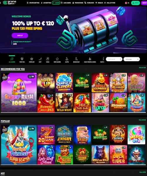 GranaWin Casino screenshot casino lobby with slot games, live dealer tables, payment options, and user interface elements