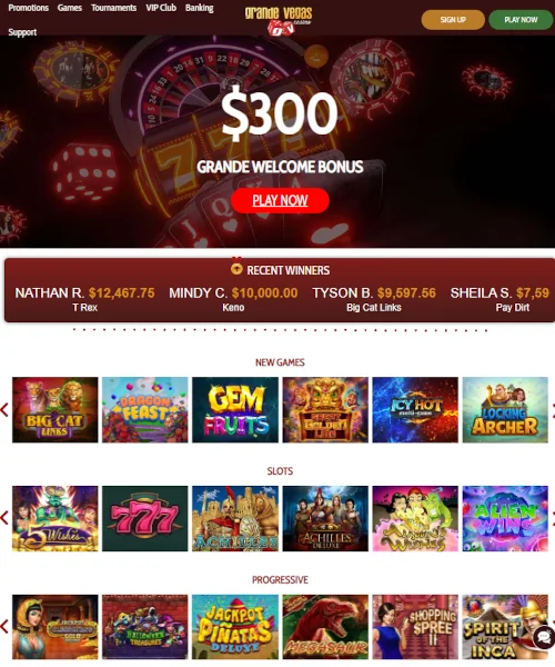 Grande Vegas Casino screenshot casino lobby with slot games, live dealer tables, payment options, and user interface elements