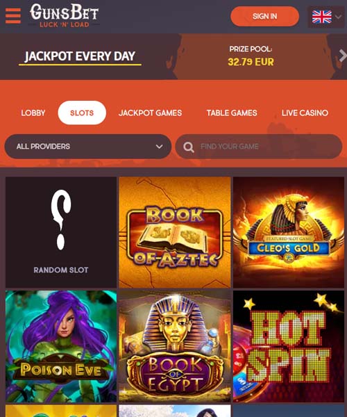 Gunsbet Casino screenshot casino lobby with slot games, live dealer tables, payment options, and user interface elements
