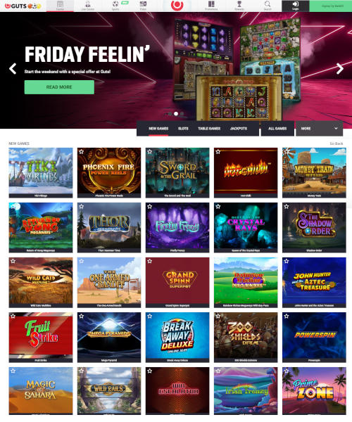 Guts screenshot casino lobby with slot games, live dealer tables, payment options, and user interface elements