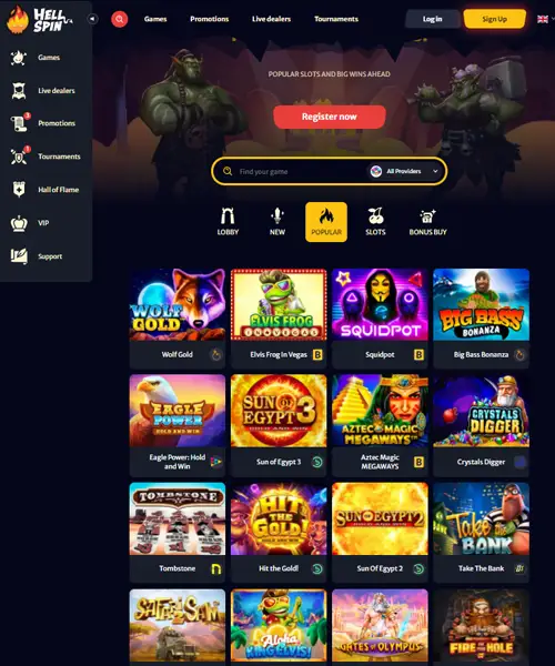 Hell Spin Casino screenshot casino lobby with slot games, live dealer tables, payment options, and user interface elements
