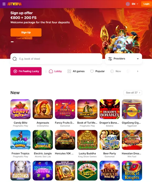 HitNSpin Casino screenshot casino lobby with slot games, live dealer tables, payment options, and user interface elements