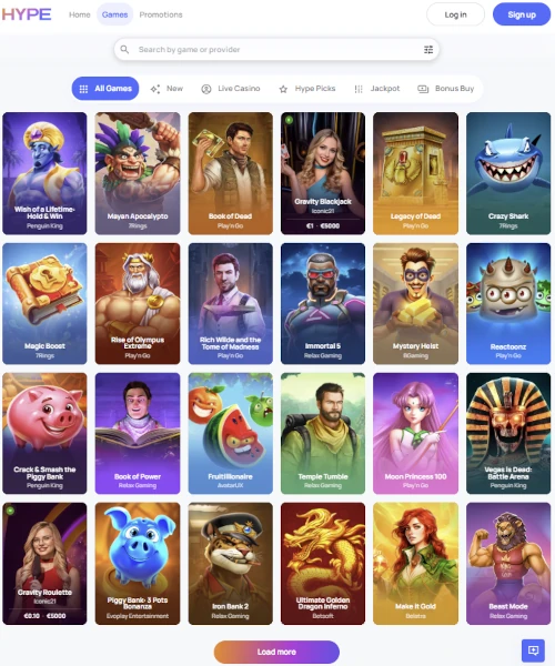 HypeKasino screenshot casino lobby with slot games, live dealer tables, payment options, and user interface elements