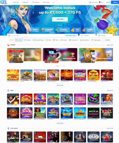 ICE Casino screenshot casino lobby with slot games, live dealer tables, payment options, and user interface elements