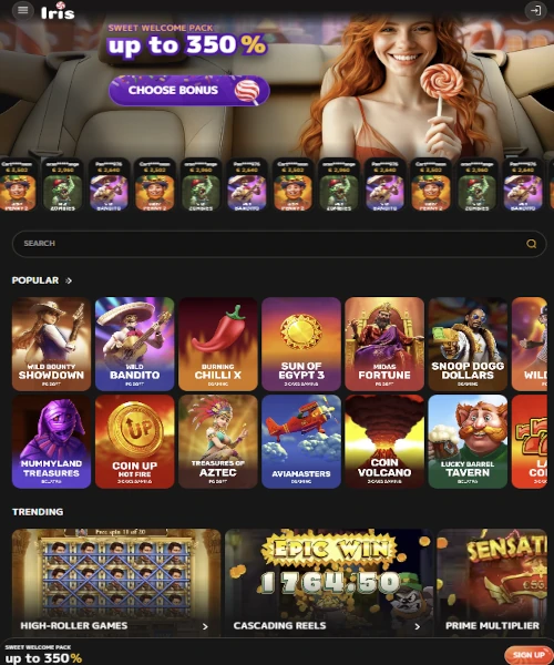 Iris Casino screenshot casino lobby with slot games, live dealer tables, payment options, and user interface elements