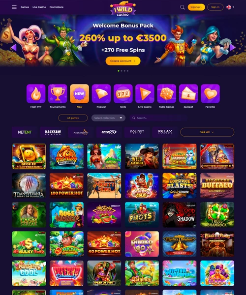 iWild Casino screenshot casino lobby with slot games, live dealer tables, payment options, and user interface elements