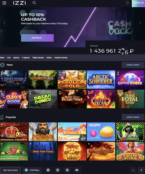 IZZI Casino screenshot casino lobby with slot games, live dealer tables, payment options, and user interface elements