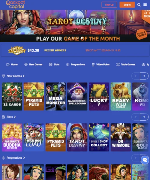 Jackpot Capital Casino screenshot casino lobby with slot games, live dealer tables, payment options, and user interface elements