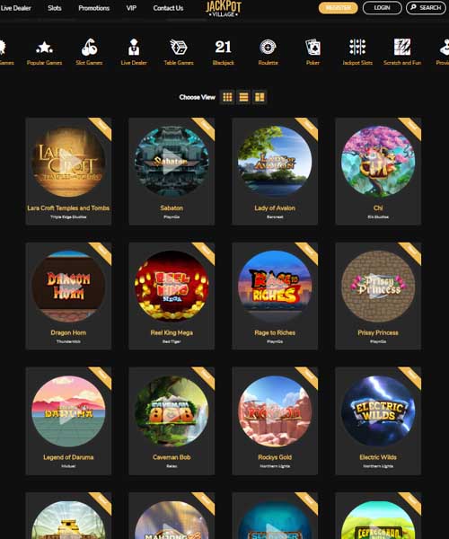Jackpot Village Casino screenshot casino lobby with slot games, live dealer tables, payment options, and user interface elements