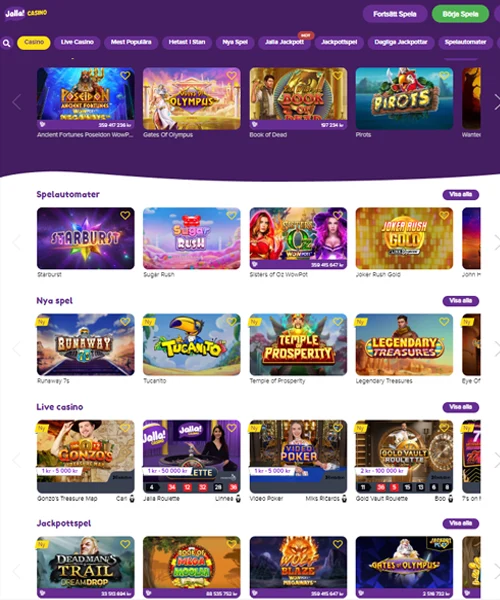 Jalla Casino screenshot casino lobby with slot games, live dealer tables, payment options, and user interface elements