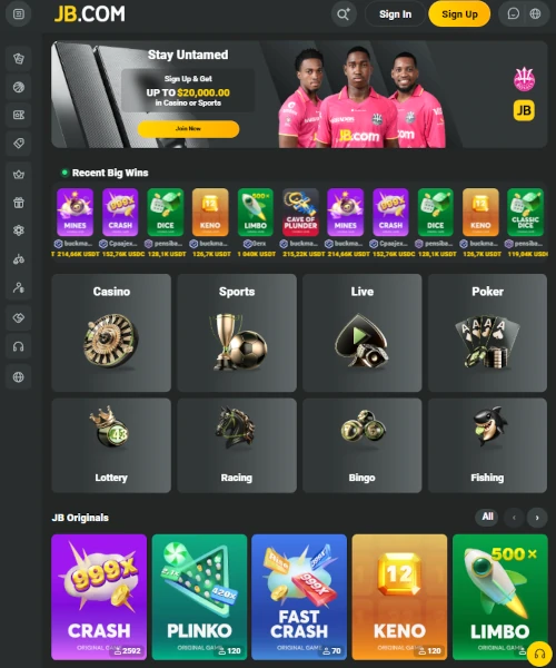 JB Casino screenshot casino lobby with slot games, live dealer tables, payment options, and user interface elements