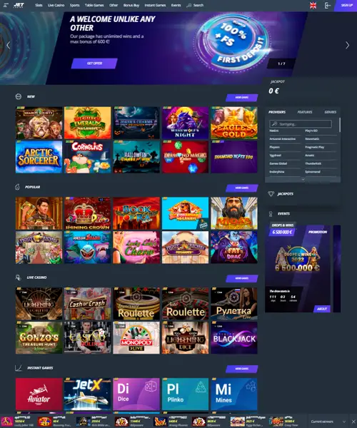 JET Casino screenshot casino lobby with slot games, live dealer tables, payment options, and user interface elements